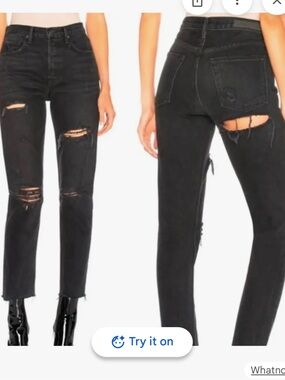 GRLFRND Black High-Rise Distressed Straight Jeans